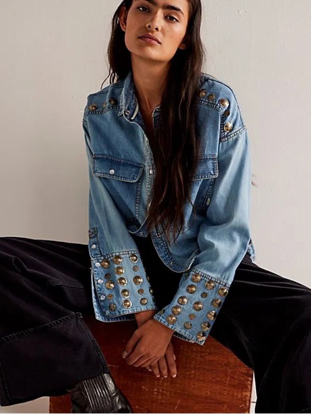 Free People Austin Denim Jacket XS Studded Concho Western Pearl Snap Rare HTF